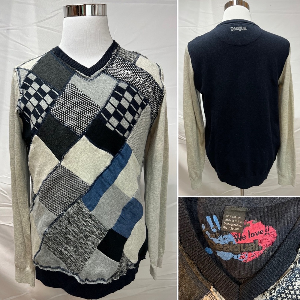 Men's Desigual 100% Cotton V-Neck Patchwork Gray Black XL Sweater